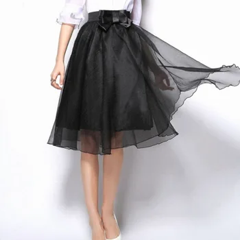 

Women Summer Tulle Tutu Elastic Waist Bow Midi Skirt Pleated Dress Gown