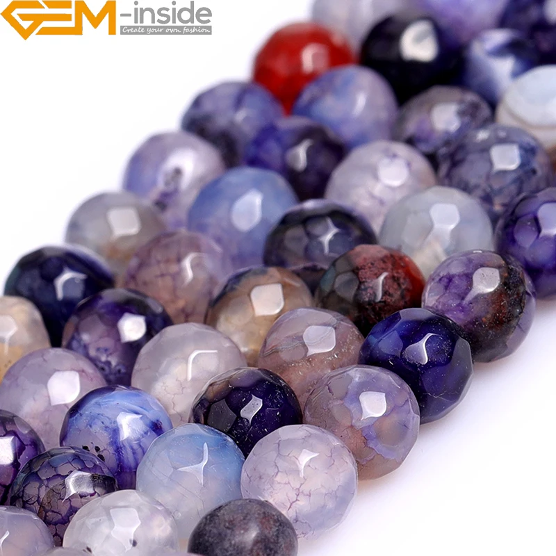 

GEM-inside 4-12mm Natural Round Faceted Crackle Agates Loose Stone Beads For Jewelry Making 15inches DIY Necklace