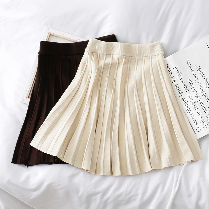 Трикотажные плиссированные мини юбки для женщин Осень Зима повседневные женские эластичные юбки с высокой талией размера плюс трапециевидная Женская юбка