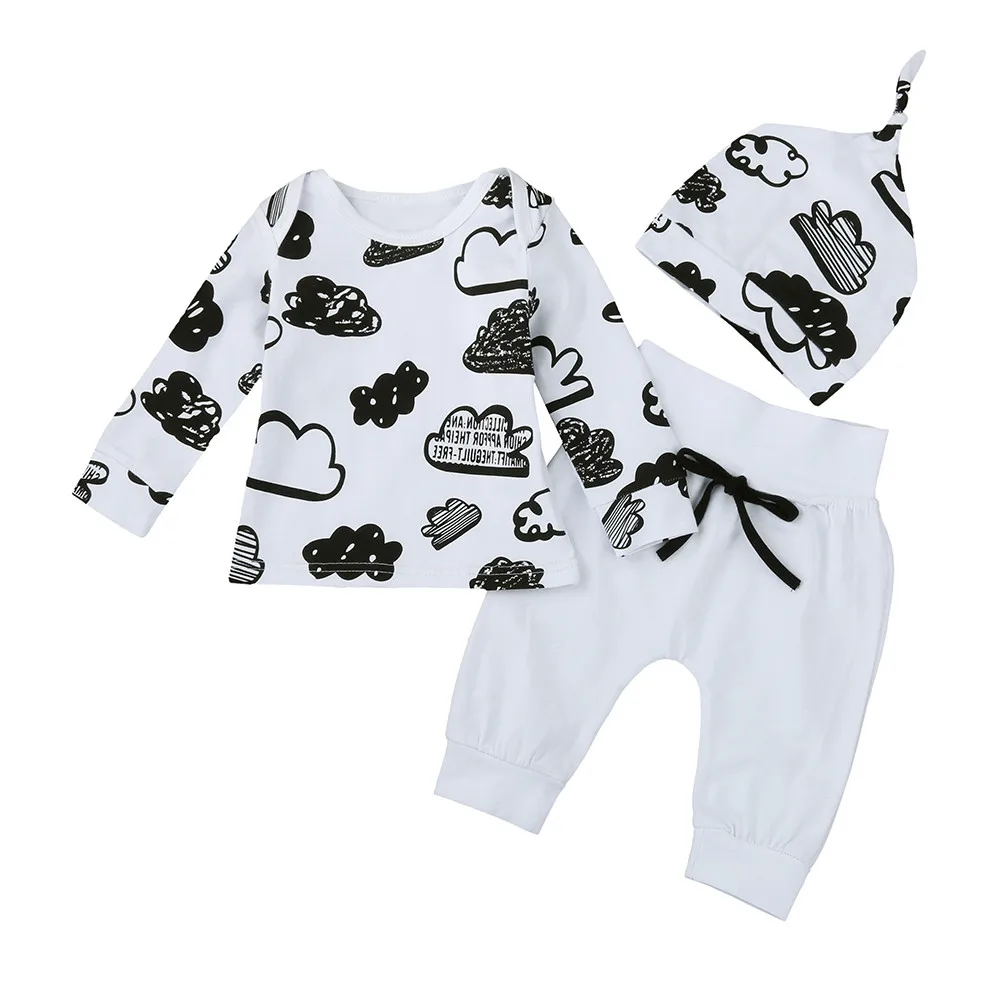 Комплекты из трех предметов для маленьких мальчиков и девочек с принтом облака, футболка и штаны, шапка, одежда с граффити, комплект для детей 3-18 месяцев, Roupa