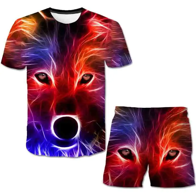 designer clothing sets 2021 Children's 3D Animal Wolf Print T-shirt Set, Summer T-Shirt Fashion Shorts Boys Cartoon Set, 3-14 Years Old Clothing Sets	