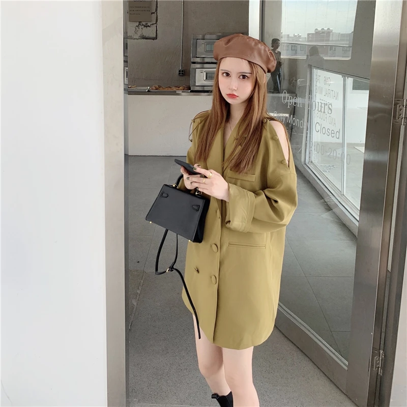 Fall 2020 fashion strapless bag buckle solid color loose long-sleeved blazer mid-length female