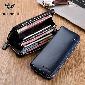 

Men Wallet Genuine Leather Long Zipper Clutch Wallet Blue Black Phone Bag Fashion Card Holder Purse Original Cowskin PL273