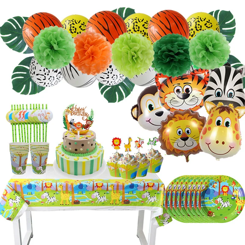 День рождения украшения Джунгли Тема животных шар одноразовая посуда набор Дети 1-ые вечерние сувениры детский душ - Цвет: set B