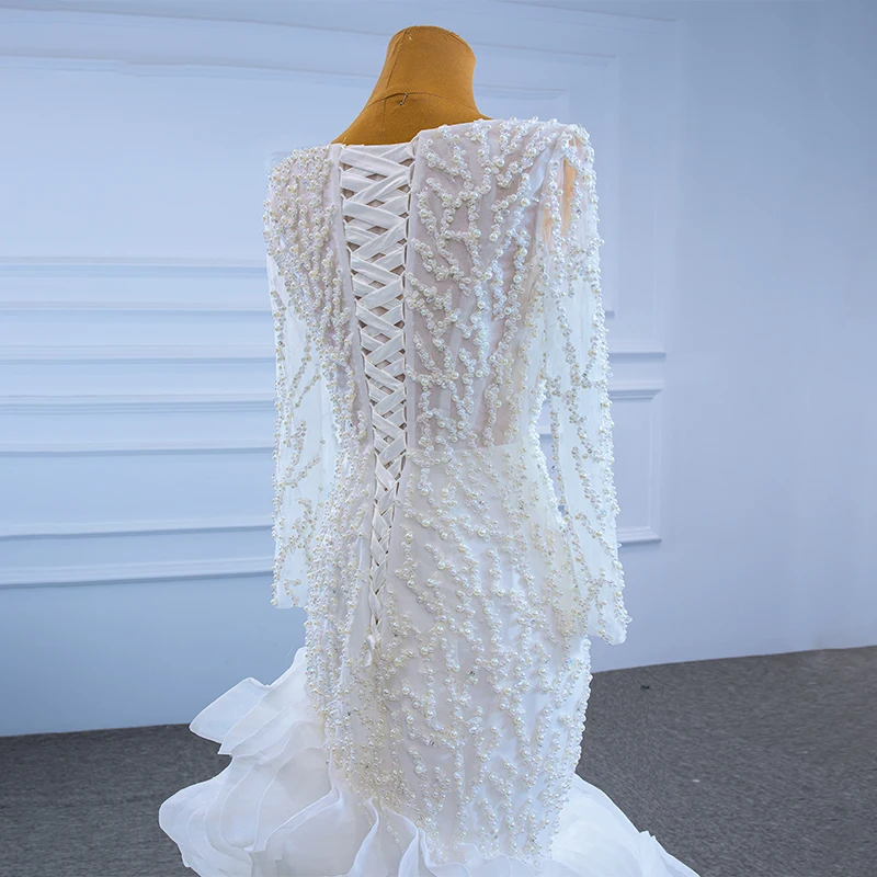 J67269 JANCEMBER 2021 White Bridal Wedding Dress Pearl Pattern Frill Ruffles Transparent Lace Long Sleeve V-neck Vestidos Noiva 5