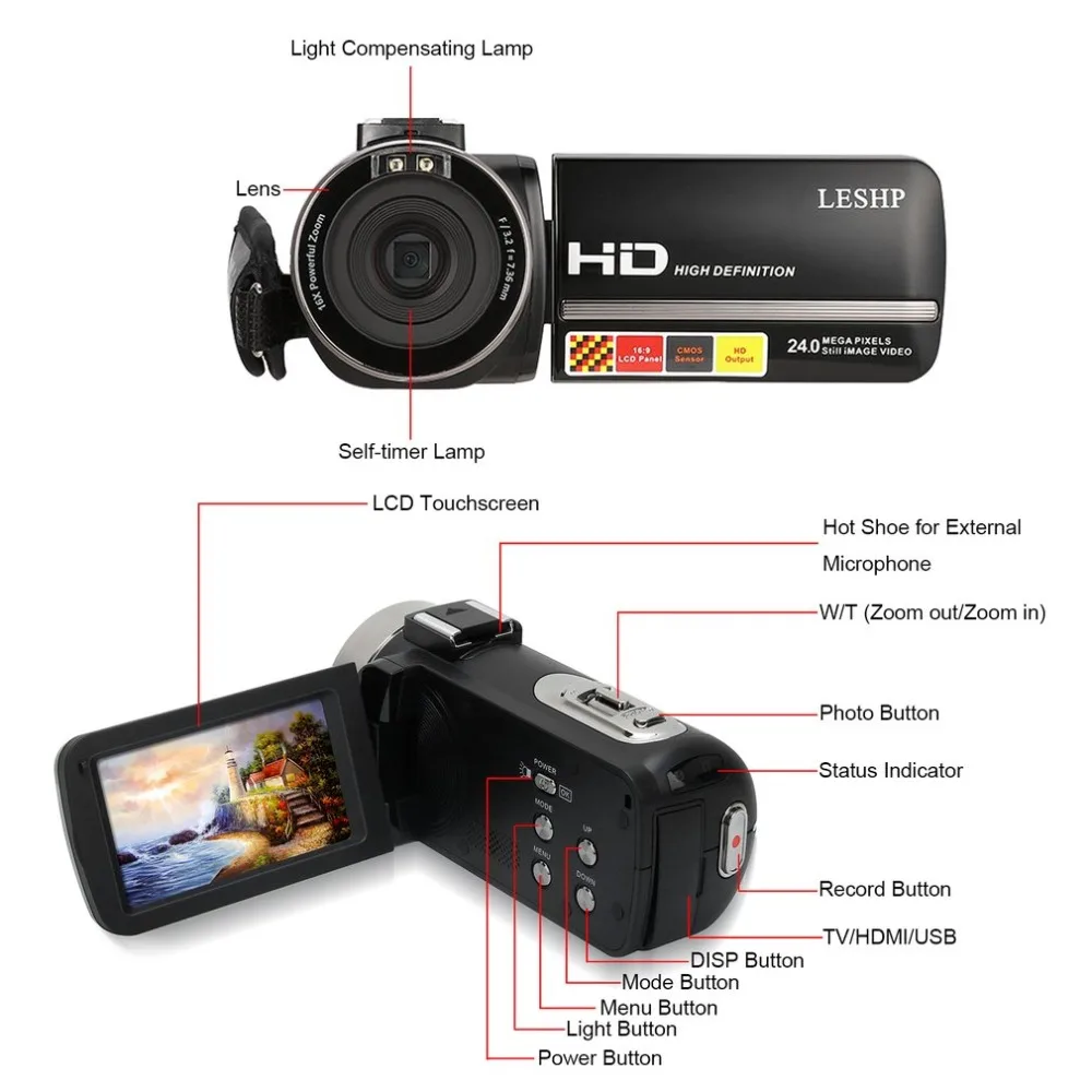 Digital Video Camera FHD 1080P IR 24MP 16X Digital Zoom Camcorder with Microphone and 3.0" LCD 270 Degree Touchscreen