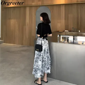 

Casual 2 Piece set Women 2020 Summer New Irregular Tshirt Back Bowknot Tops and Ink totem forest animals Print Pleated Skirt Set