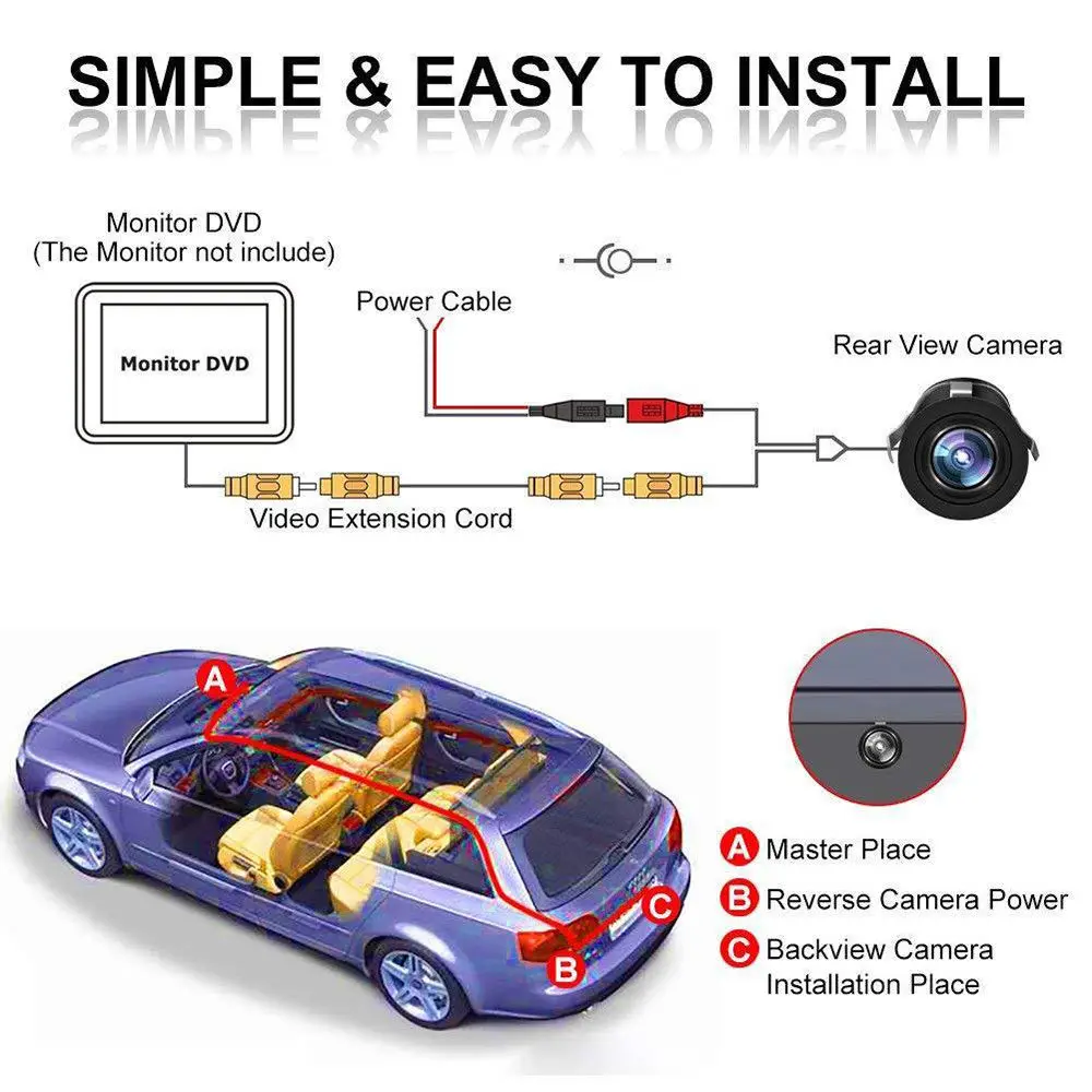 170 ° Car Rear View Camera Universal LED Night Vision Backup Parking Reverse Camera Waterproof 170 Wide Angle HD Color Image (2)