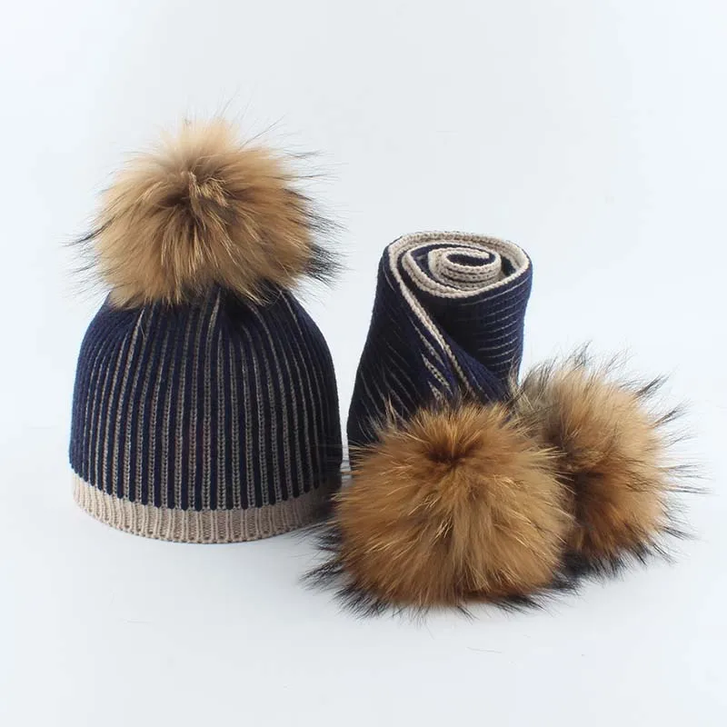Baby Winter Hat For Girls Boys Real Fur Pompom Kids Hat and Scarf Set Striped Knitted Beanies Skullies