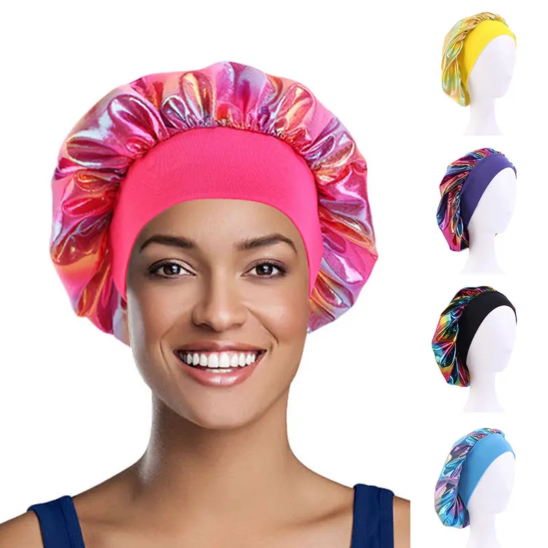 

Fashion Women's Sparkly Silk Durag Bandana Headwear Colorful Wide Size Bonnet Polyester Cap Comfortable Sleeping Hat Bonnet Hat