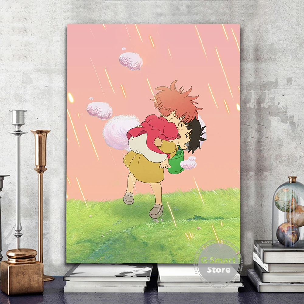 Ponyo On The Cliff Cartoon Pink Sky Dreamy Embrace Anime Characters  Landscape Complex Color People Landscape Background|Painting & Calligraphy|  - AliExpress