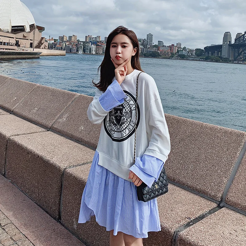 

Photo Shoot Hoodie Dress 2020 Spring Korean-style Women's Loose-Fit Casual Mock Two-Piece Printed Joint over-the-Knee Medium-len