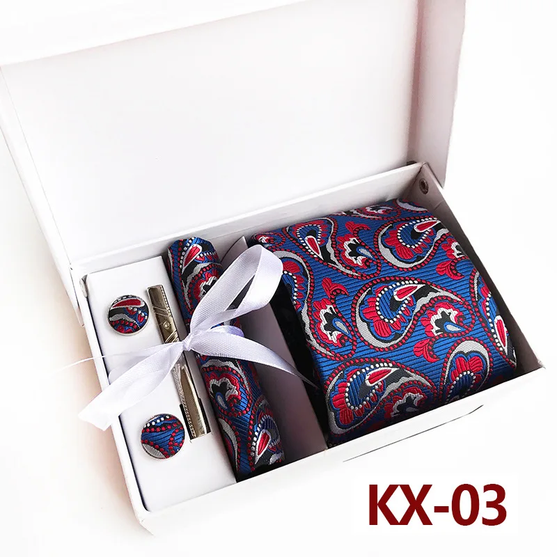 KX-03 Деловой мужской галстук, 6 шт., модный мужской галстук, Мужские квадратные полотенца, мужские запонки, зажим для галстука, белая Подарочная коробка, Подарочная сумка, мужской подарок - Цвет: KX-03