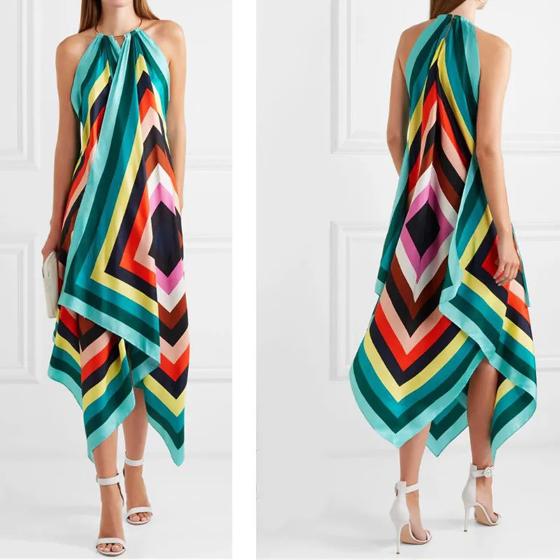 

Western Style 2019 Spring And Summer Rainbow Stripes Vacation Style Beach Bandage Cloth Long Wrap Silk Dress WOMEN'S Dress