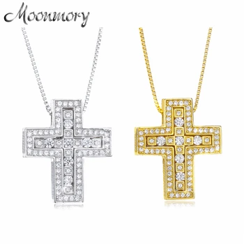 

Moonmory 100% Authentic 925 Sterling Silver European Women Luxury Zircon Double Cross Pendant Necklace For Japan Men Necklaces