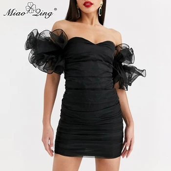 

MIAOQING Sexy Patchwork Mesh Ruched Dresses For Women Strapless High Waist Mini Ruffle Dress Female 2020 Fashion Clothes New