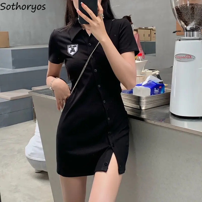 Bodycon Dress Women Slim Sexy Designer Single Breasted Mini Side-slit High Quality Stretchy Females Fashionable Korean Hot Girls | Женская