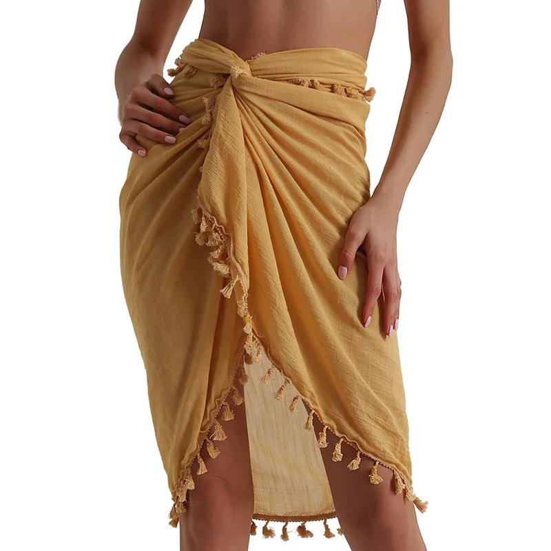 yellow short Женские полупрозрачные купальники, накидка, короткая юбка с кисточками, женские льняные хлопчатобумажные купальники, модные женские пляжные шорты, юбка s - Цвет: yellow short