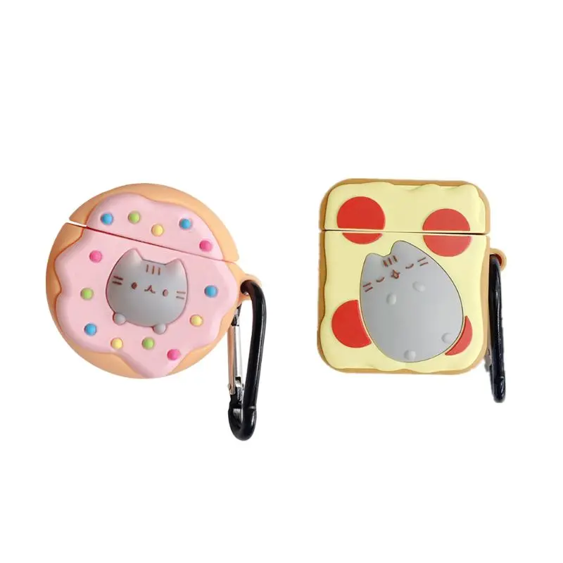 

Silicone Protective Case Kitty Donut Toast Cover with Carabiner for Airpods 1/2 A5YA