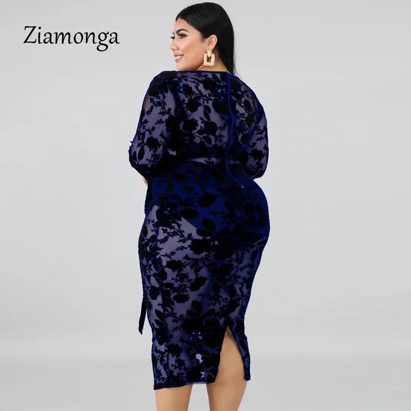 Ziamonga размера плюс 6XL платье для полных мм женское Сетчатое с v-образным вырезом с длинным рукавом флокированное платье средней длины свободное большое вечернее платье vestidos
