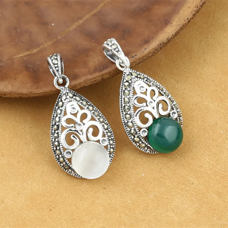 

925 Sterling Silver Jewelry Retro Thai Silver Men And Women Models Marcsey Inlaid Opal Green Agate Pendant
