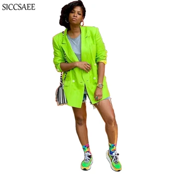 

2020 Fluorescent Green Maxi Blazer Feminino Sexy Casual Overcoat For Women Solid Color Work Wear Office Lady Elegant Cardigan