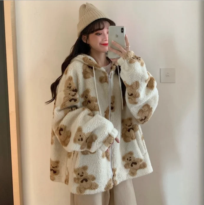 

Ladies new lazy style loose cartoon bear warm faux lamb wool hooded sweater jacket
