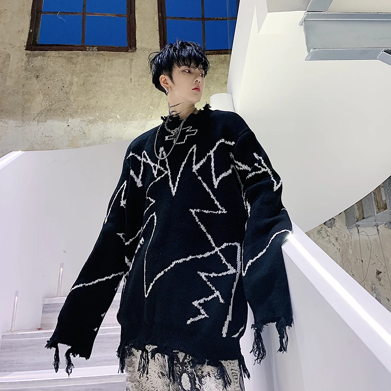 

YASUGUOJI New 2019 Punk Style Wool Hole Sweater Men Fashion Printed Loose Mens Pullover Sweaters Designer Men Knitted Sweater