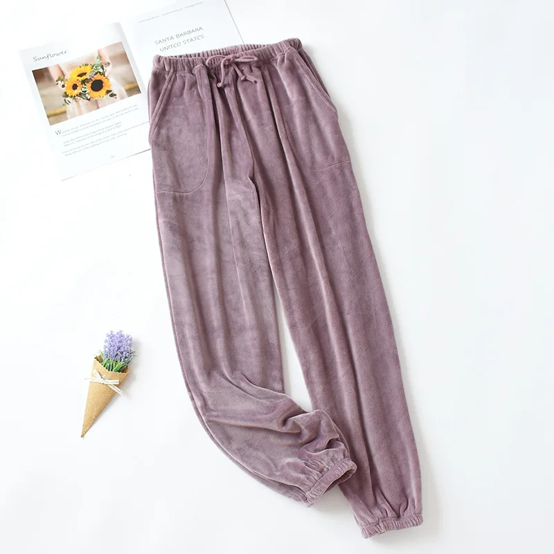 Women Purple Новинка; зимние качественные женские плотные однотонные теплые фланелевые домашние штаны для пар; пижамные штаны - Цвет: Women Purple