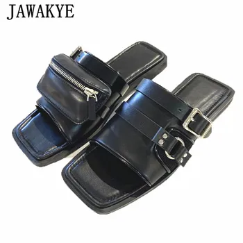 

JAWAKYE Packet Buckle Black Flat Slides Women Retro Square Toe One Strap Outdoor Mules Ins Hot Genuine Leather Summer Slippers
