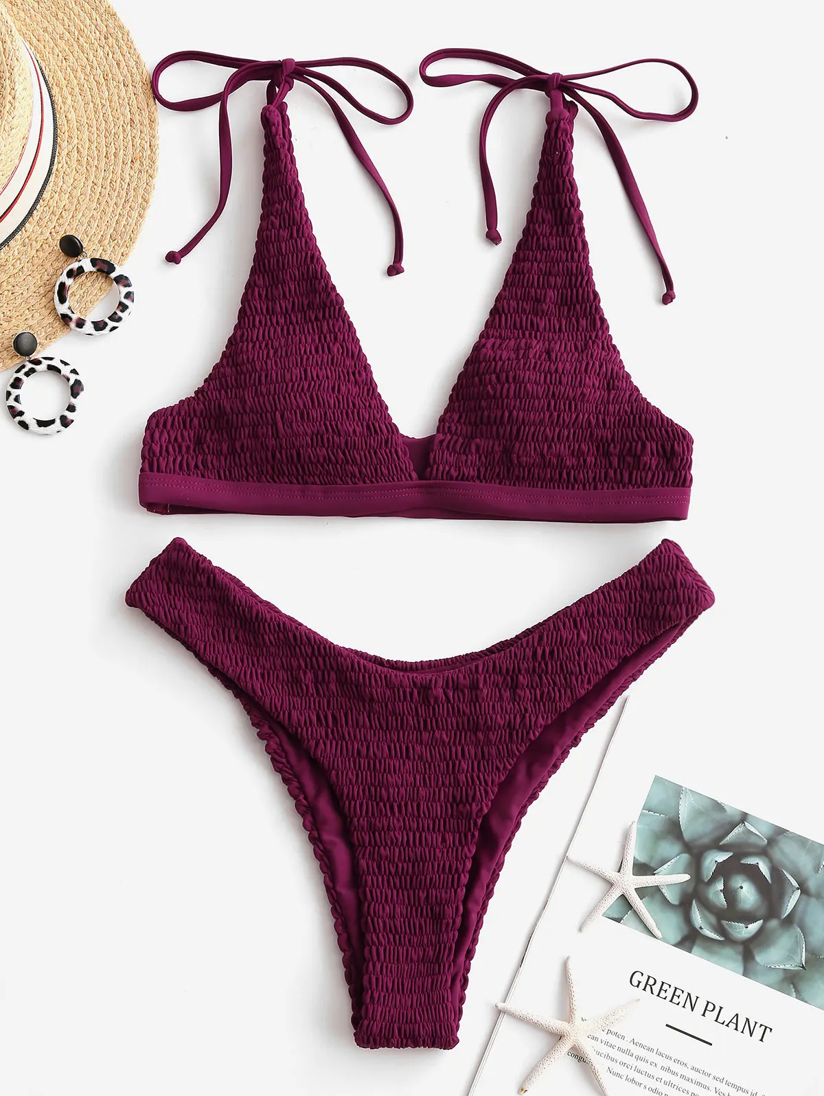 

ZAFUL Shirred Tie Shoulder Plunge Bikini Swimsuit
