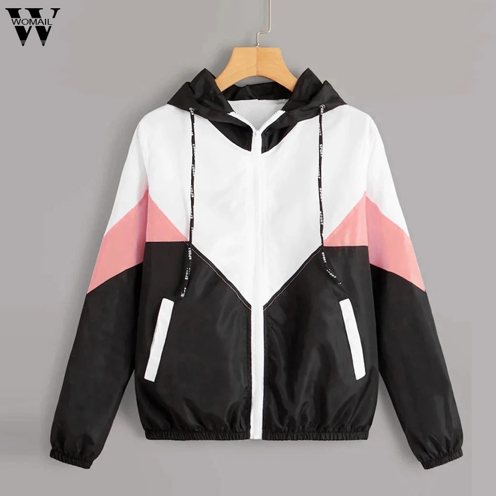 Womail S-XXL пальто с капюшоном женские куртки на молнии с карманами ветровка повседневное пальто с длинными рукавами осеннее лоскутное тонкое с капюшоном