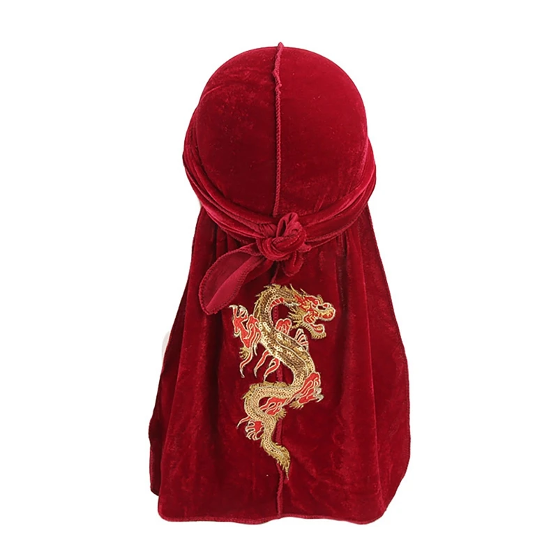 Hot Sale Beach Cap Long-tailed Chinese Dragon Printed Velvet Soft Turban Cap Headscarf Headwear Apparel - Цвет: D