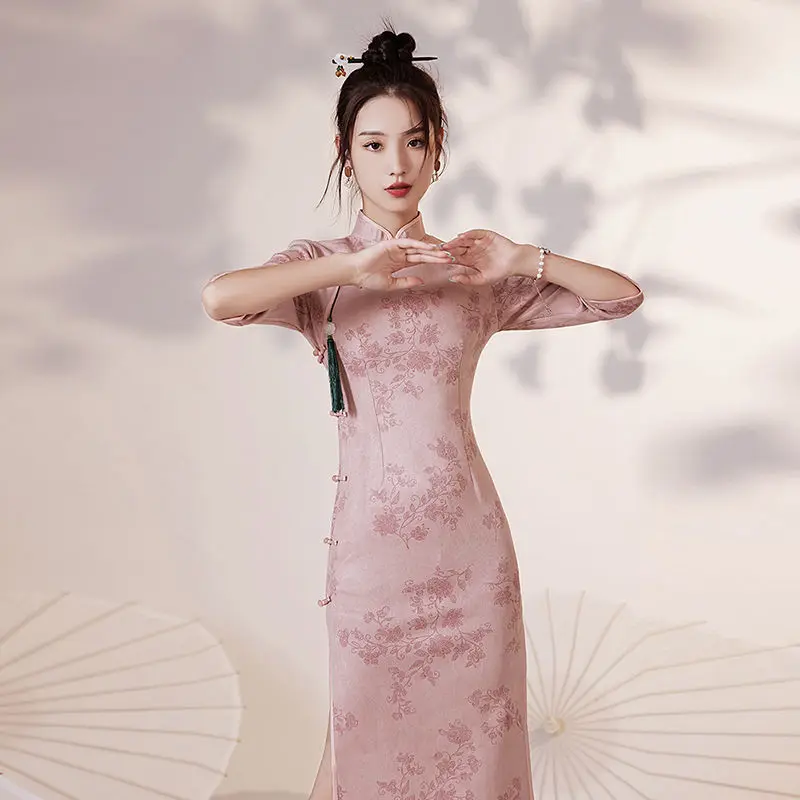 Cheongsam Qipao Chinese Dress Modern Pink Improved Cheongsam Retro Evening High-End Dress Elegant Floral Women