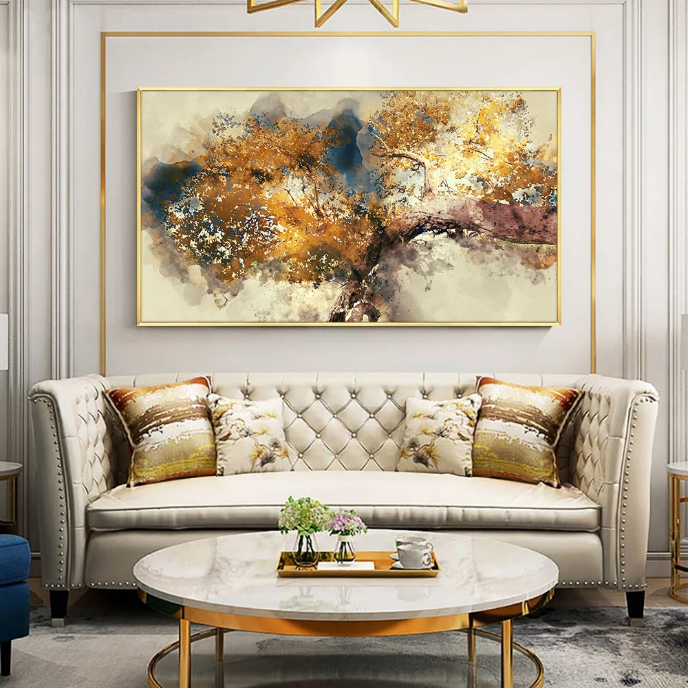 Hand Painted Oil Painting On Canvas Abstract Textured Brown Trees With Yellow Leaves Wall Art For Modern Home Decor | Дом и сад