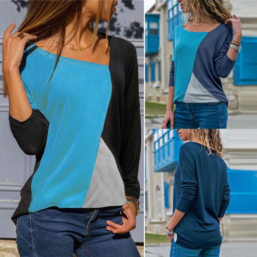 Women T-shirt Girl Casual Patchwork Color Block O-neck Long Sleeve T-shirt Blusas Women Tops Fashion Clothes 2021 1