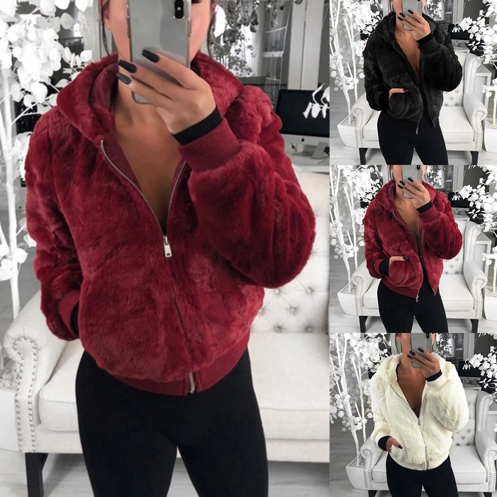 

Women Faux Fur Hooded Jacket Autumn Winter Warm Soft Zipper Fur Jacket Women Plush Fleece Overcoat Casual Fashion Outwear 2019