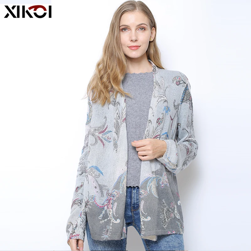 

XIKOI Knitwear Cardigan Women Large Size Flowers Print Vneck Plus Size Feminino Vintage Grey Cardigan Long Sleeve Coat Outerwear