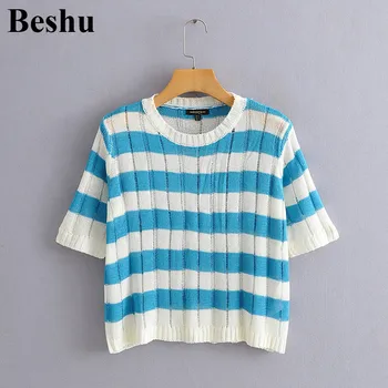 

za 2020 fashion sweater women O-neck striped casual mesh hollow knitted sweater female short tops short sleeve lady clothes
