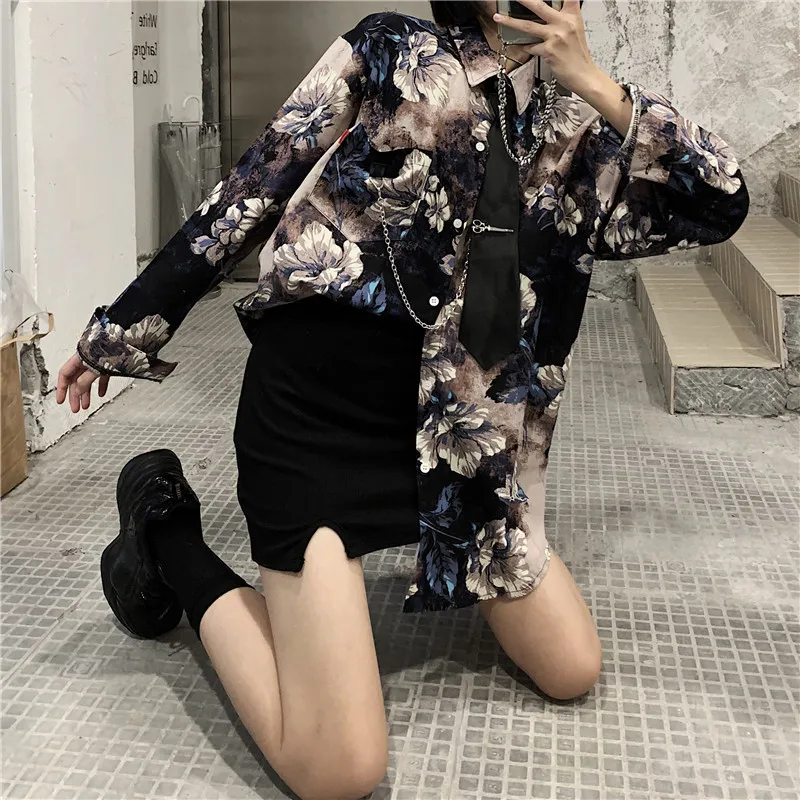DARK 2020 Autumn Korean Ins Harajuku Self-collar Tie Retro Oil Painting Long-sleeved Shirt Men And Women Autumn Jacket