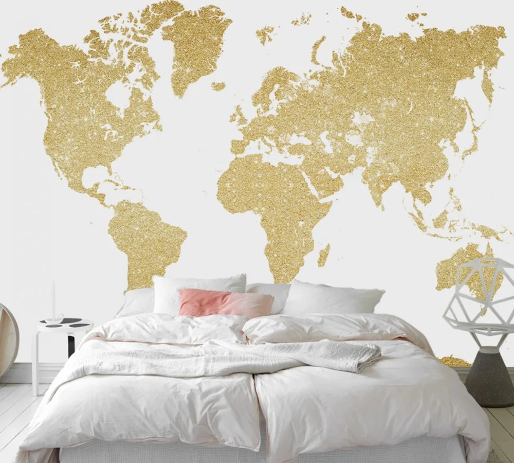 

Drop Shipping Custom 3d Wallpaper European Modern Minimalist World Map Background Wall Painting Frosted Golden Living Room Mural