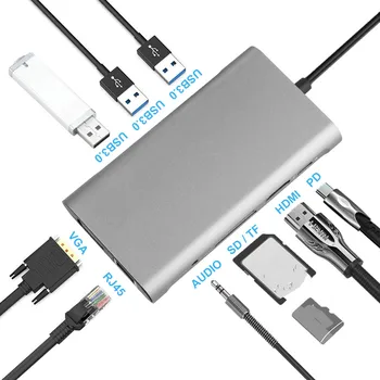 

10 in 1 USB C HUB USB Type-C to 4K HDMI VGA Converters 3.5mm SD TF Card Reader