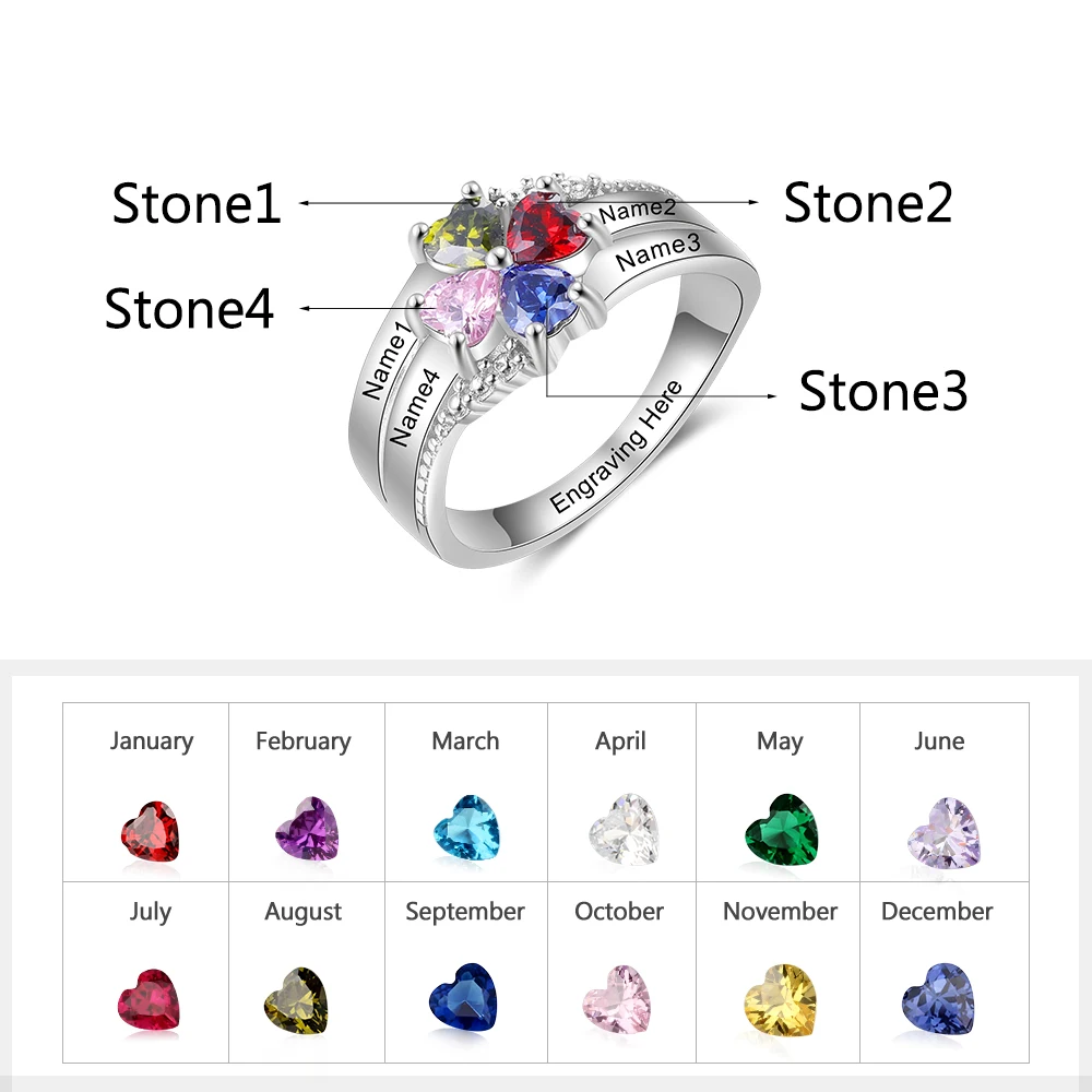 JewelOra Customized Family Name Mothers Ring with 4 Heart Birthstones Silver Color Personalized Engraved Rings for Women Gifts - Image 3