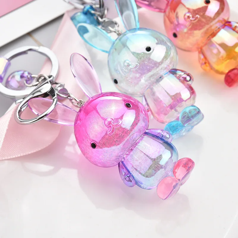 

Fashion Crystal Acrylic Rabbit Key chain Colorful Cartoon Long Ear Wristband For Women Creative Car Bag Charm Pendant keyring