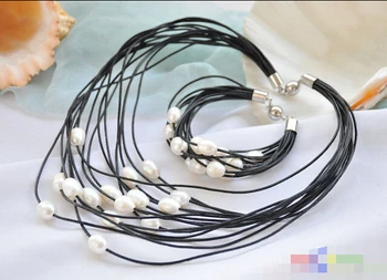 

15row 13mm white rice pearl black leather necklace & bracelet