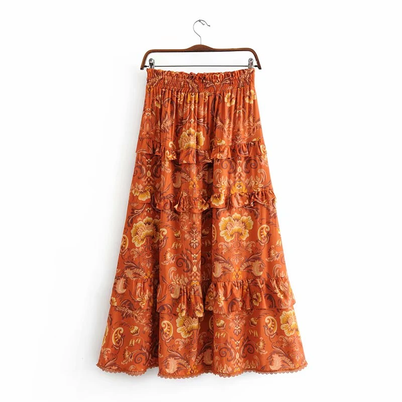 Винтажная шикарная модная женская пляжная юбка хиппи в богемном стиле с цветочным принтом и оборками, высокая эластичная талия, макси-юбка трапециевидной формы в стиле бохо, Женская юбка