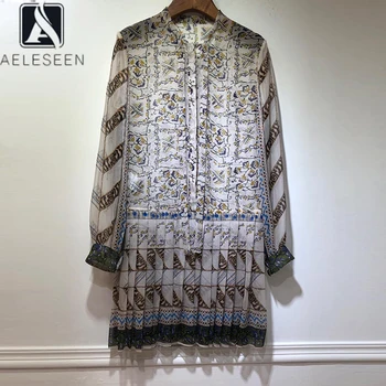 

AELESEEN 100% Silk Dress Spring Summer Runway Fashion Women Dress Flower Print Bow Holiday Party Mini Pleated Dress Vestidos