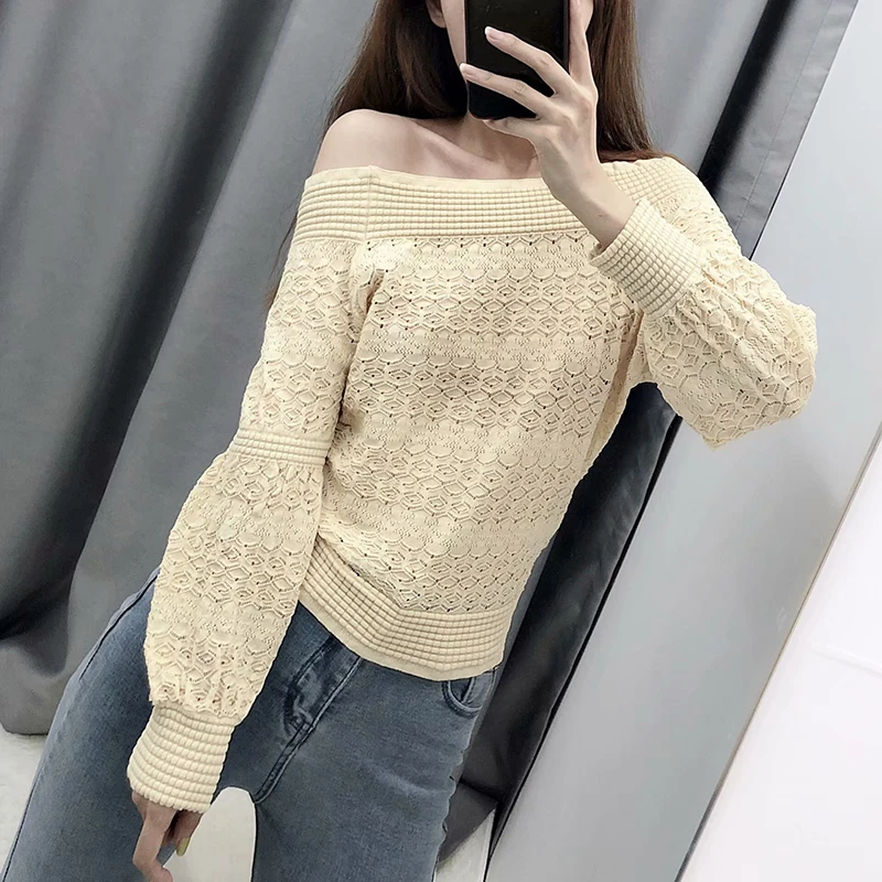 

Slash Neck Sexy Pullover Female Beige Autumn Long Sleeve Hollow Knitted Crochet Short Sweaters Women Cropped Jumper Pull Top
