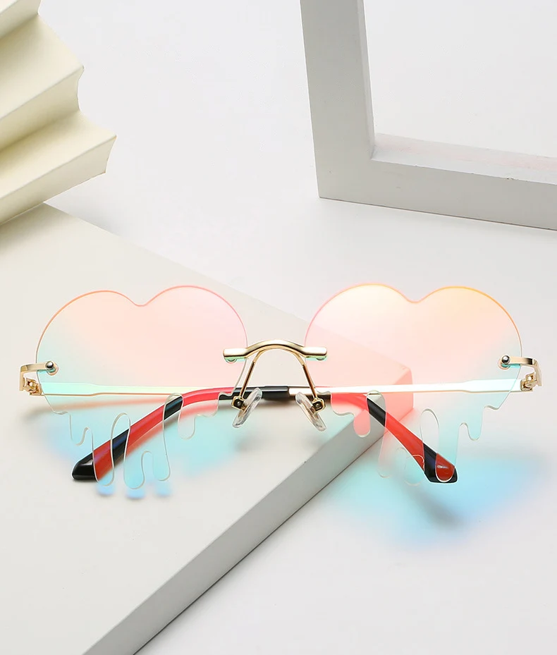 SO&EI Fashion Unique Love Heart Tear Shape Sunglasses Women Colorful Rimless Eyewear Vintage Clear Ocean Lens Female Sun Glasses big cat eye sunglasses