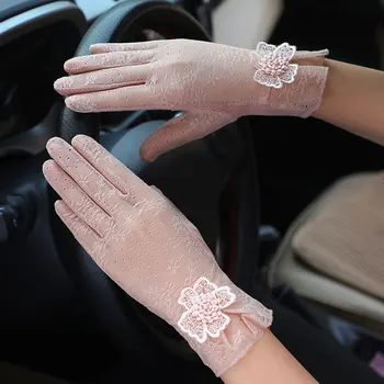 

Women Girls Full Finger Sunscreen Gloves Uv Sunscreen Short Gloves Fashion Ice Silk Lace Mittens Driving Thin Lady Gloves